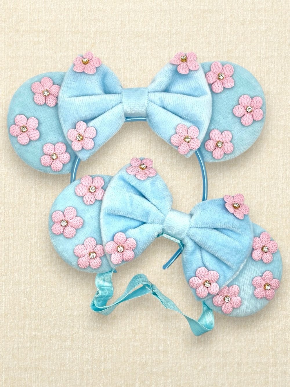 Pastel Blue Velvet & Pink Floral Mommy & Me Minnie Ears | Disney-Inspired Set